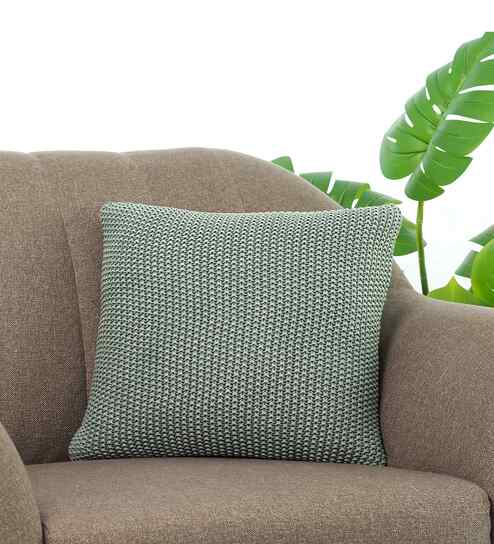 Green 100% Cotton Knitted Purl 16X16 Inches Knitted Cushion Cover