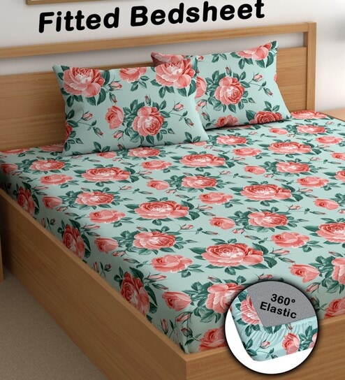 Green 200 TC Floral Cotton Fitted Double Bedsheet 2 Pillow covers