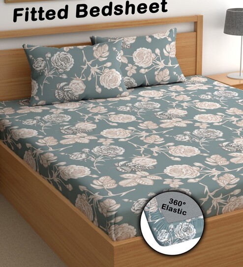 Green 200 TC Floral Cotton Fitted Double Bedsheet 2 Pillow covers