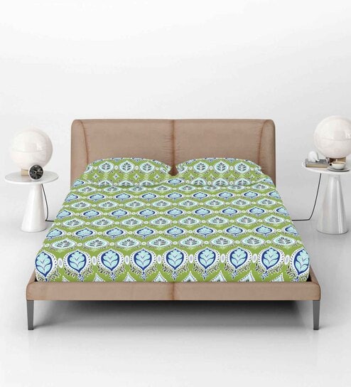 Green Abstract 144 TC Cotton Fitted Double Bedsheet with 2 Pillow Covers