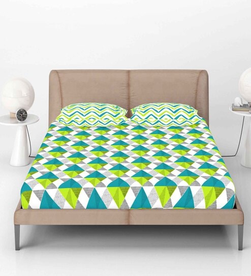 Green Abstract 144 TC Cotton Fitted Double Bedsheet with 2 Pillow Covers
