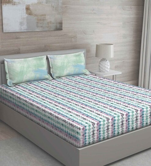 Green Abstract 150 TC Cotton Queen Sized Bed Sheets with 2 Pillow Covers by GM Fabrics