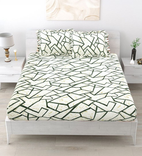 Green Abstract 260 Tc Polycotton King Fitted Bedsheet With 2 Pillow Covers