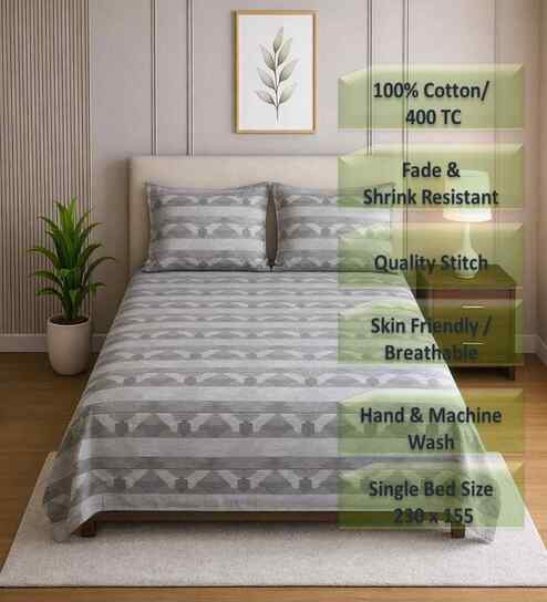 Green Abstract 400 Tc Cotton Single Bedsheet With 2 Pillow Covers