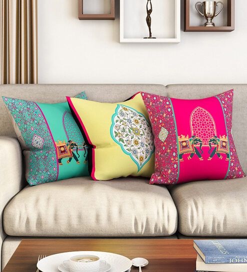 Green Floral Poly Cotton 16 x 16 Inch Cushion Covers (Set of 3)