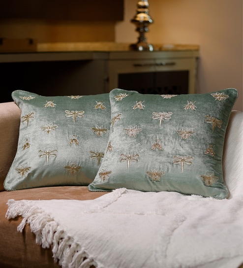 Green Abstract Velvet Hand Crafted Cushion Covers
