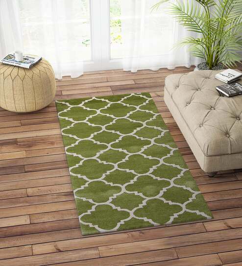 Green Abstract Wool 3ft x 6ft Hand Tufted Carpet
