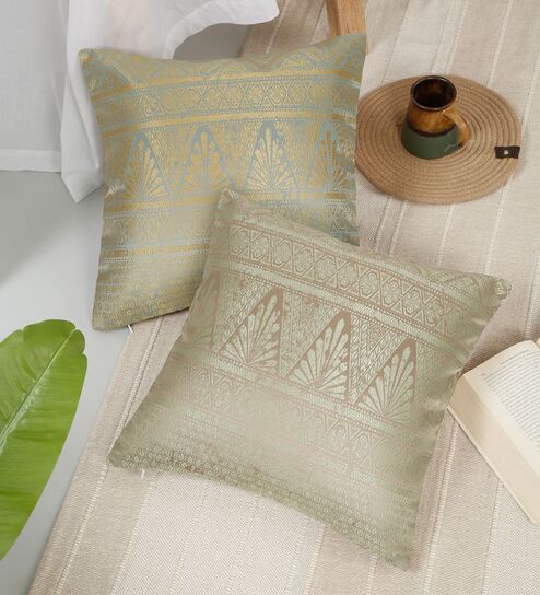 Green and Gold Polyester Jacquard 16x16 inches Cushion Cover Set of 2