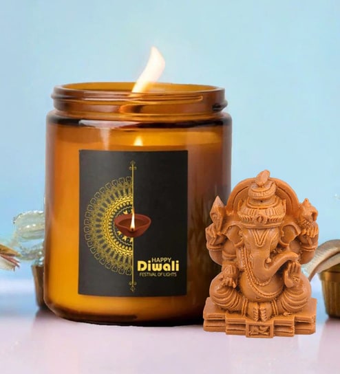 Green Apple Aroma White Wax Scented Candles With Ganesha Idol