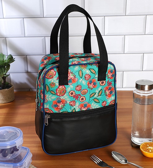 Green Background & Floral Printed Long Insulated Lunch Bag