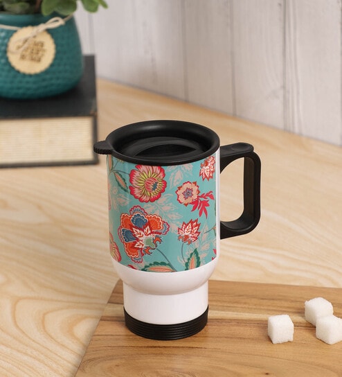Green Background & Floral Printed Steel Tumbler