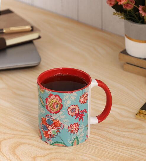 Green Background & Floral with Inside Colour Red Printed Coffee Mug 320ml