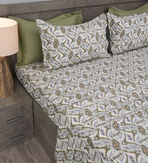 Green Contemporary Ikat Pattern 210 TC 100% Cotton Superking Bedsheet with 2 Pillow Covers-image-30