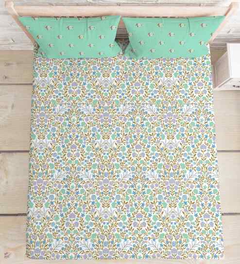Green Cotton 1 Double Queen Bedsheet with 2 Pillow Covers