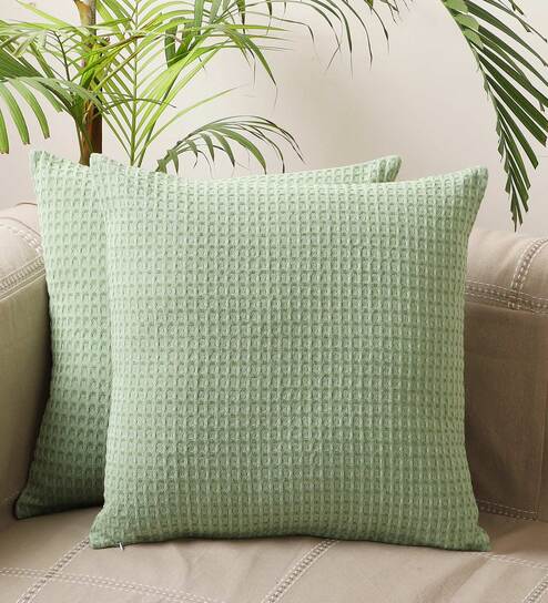 Green Solid Cotton 18 x 18 Inches Cushion Covers (Set of 2)