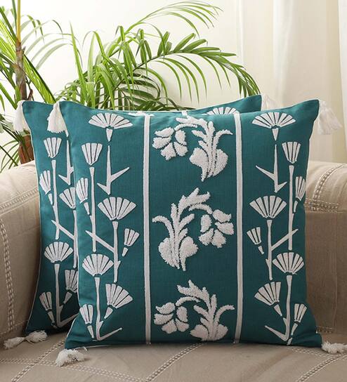 Green & White Floral Cotton 18 x 18 Inches Cushion Covers (Set of 2) by Jamio Firati