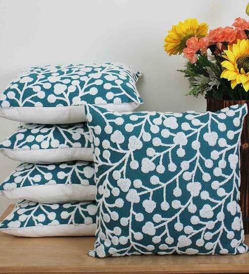 Green Woven Cotton 18 x 18 Inches Cushion Covers (Set of 5) by Jamio Firati