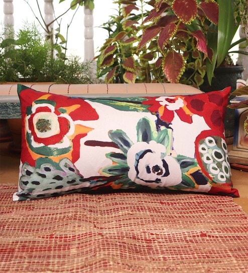 Multicolor Floral Cotton Blend 22 x 12 Inches Cushion Cover