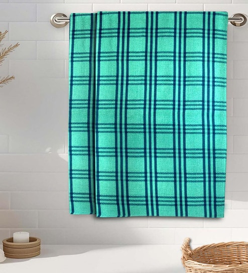 Green Cotton Checkered 215 GSM Bath Towels Pack of 2