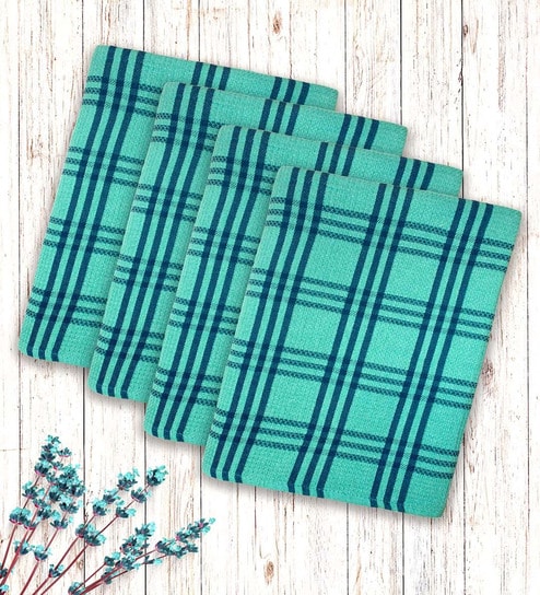 Green Cotton Checkered 215 GSM Bath Towels Pack of 4