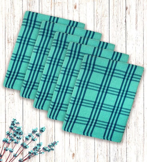 Green Cotton Checkered 215 GSM Bath Towels Pack of 5