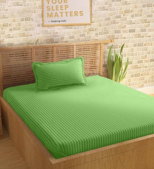 Green Cotton 210TC Striped Single Bedsheet with 1 Pillow Cover