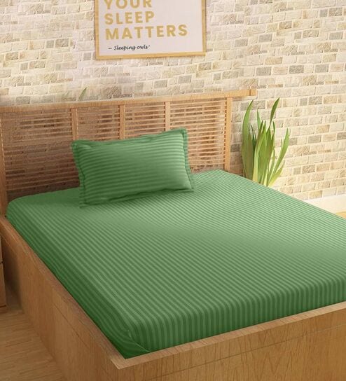 Green Cotton 210TC Striped Single Bedsheet with 1 Pillow Cover