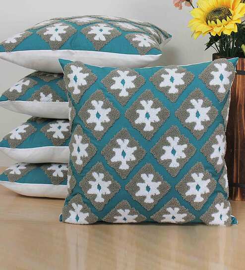 Green Woven Cotton 20 x 20 Inches Cushion Covers (Set of 5) by Jamio Firati