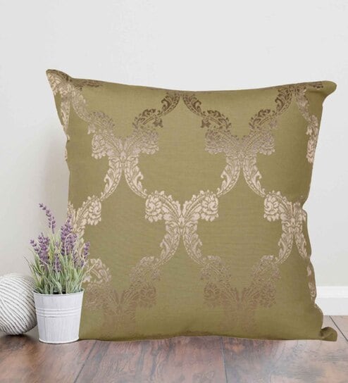 Green Traditional Cotton 16 x 16 Inches Cushion Cover