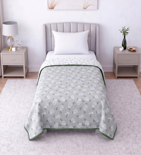 Green Cotton Floral 300 GSM Single Bed Reversible Dohar