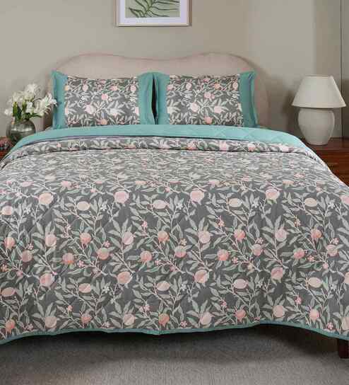 Green Cotton Polyester Fruit Print 115 GSM Double Bed Quilt