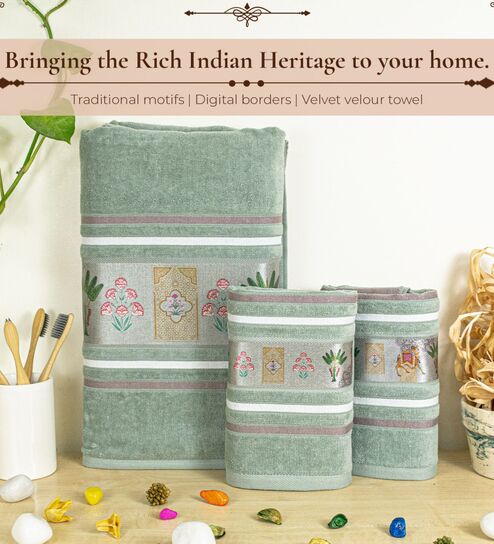 rangoli Green Cotton Printed 460 GSM Bath & Hand Towels Pack of 3 (1Bath 2 Hand)-picture-37