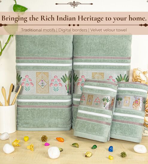 rangoli Green Cotton Printed 460 GSM Bath & Hand Towels 4Pcs Bath And Hand Towels Set-picture-27