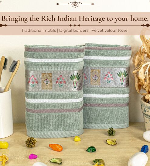 rangoli Green Cotton Printed 460 GSM Hand Towels Pack of 2-picture-34