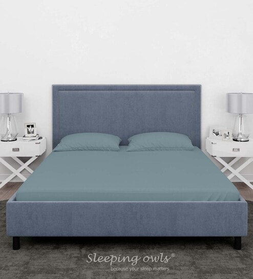 Blue Cotton Solid Finest 300TC Plain Super King Bedsheet with 2 Pillow Covers