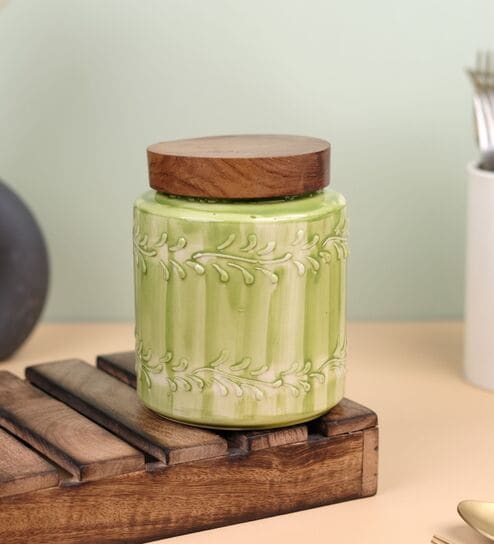 Green Embossed Ceramic Air Tight Jar with Wooden Lid