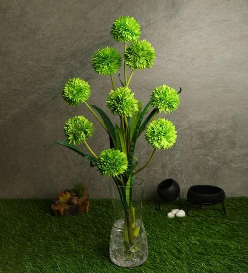 Green Fabric Decorative Artificial BallMum Flowers Set of 3