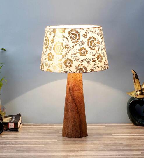 Green Fabric Shade Table Lamp With Brown Base By Foziq