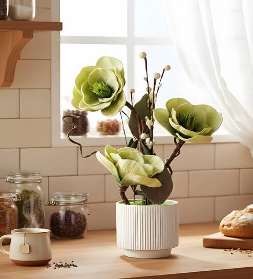 Green Faux Leather Rustic Blossom Harmony Pot With Flower