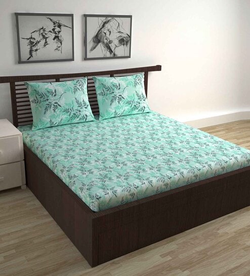 Green Floral 144 TC Cotton Double Bedsheet with 2 Pillow Covers