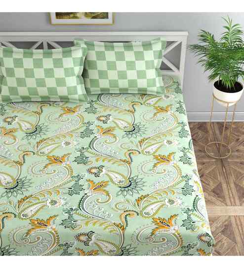 Green Floral 144 TC Cotton King Fitted Bedsheet Bedsheet 2 Pillow Prime Collection