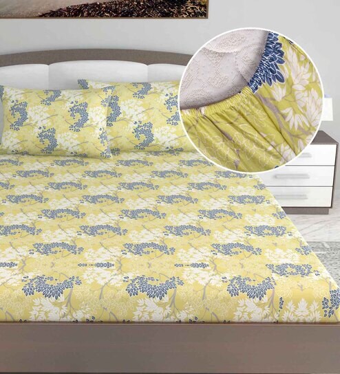 Green Floral 144 TC Cotton King Fitted Bedsheet with 2 Pillow Covers