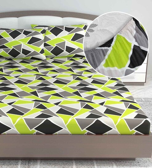 Green Floral 144 TC Cotton King Fitted Bedsheet with 2 Pillow Covers