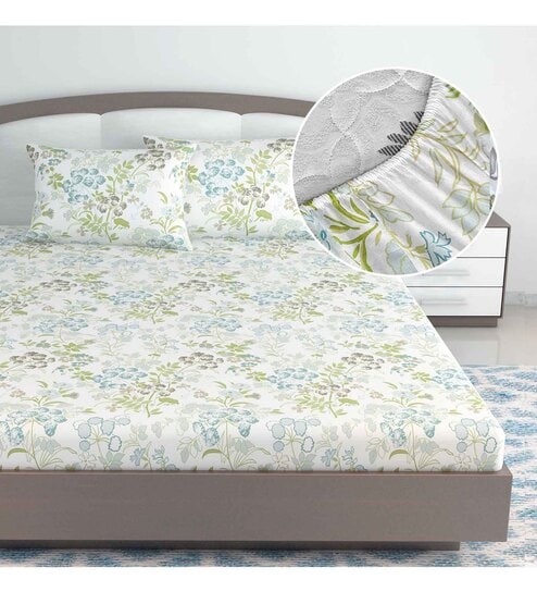 White Floral 144 TC Cotton King Fitted Bedsheet with 2 Pillow Covers