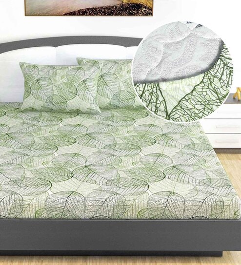 Green Floral 144 TC Cotton King Fitted Bedsheet with 2 Pillow Covers