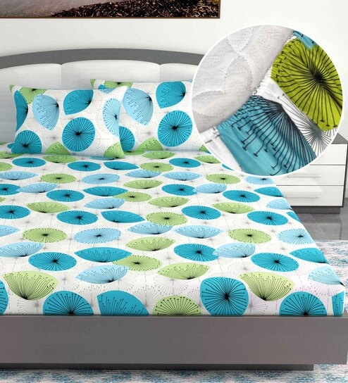 Green Floral 144 TC Cotton King Fitted Bedsheet with 2 Pillow Covers