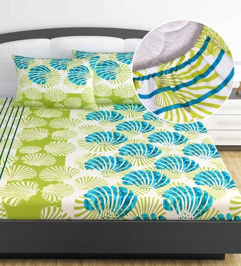 Green Floral 144 TC Cotton King Fitted Bedsheet with 2 Pillow Covers