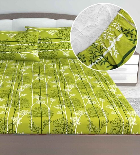 Green Floral 144 TC Cotton King Fitted Bedsheet with 2 Pillow Covers