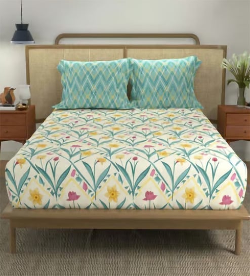 Green Floral 144 TC Cotton King Size Double Bedsheet with 2 Pillow Covers