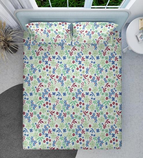 Green Floral 144 TC Cotton King Sized Double Bedsheet with 2 Pillow Covers Blossom Breeze Collection